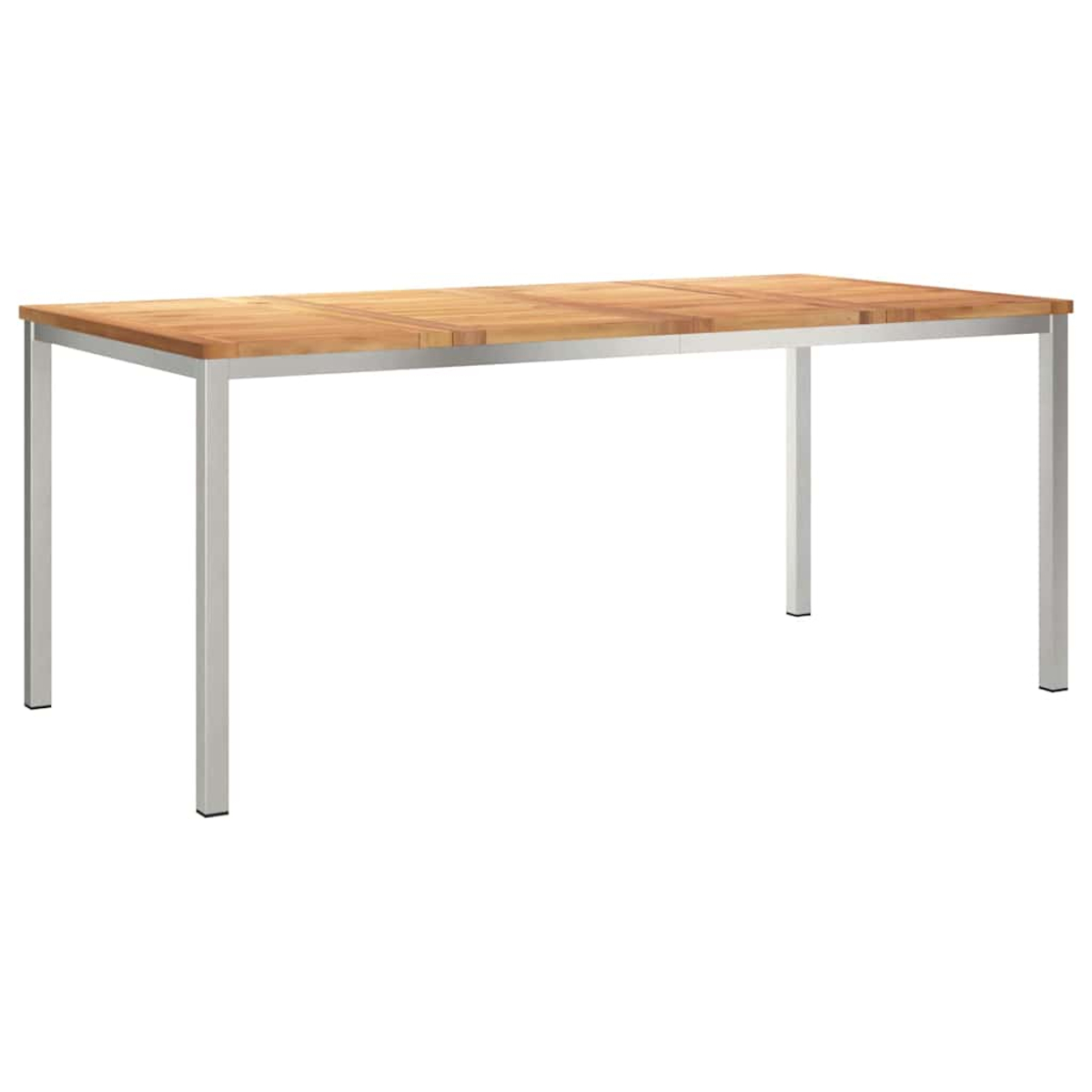 Ein rechteckiger Tisch mit hellbrauner Holzplatte und silbernen Beinen steht auf weißem Hintergrund. Der Tisch ist leer.