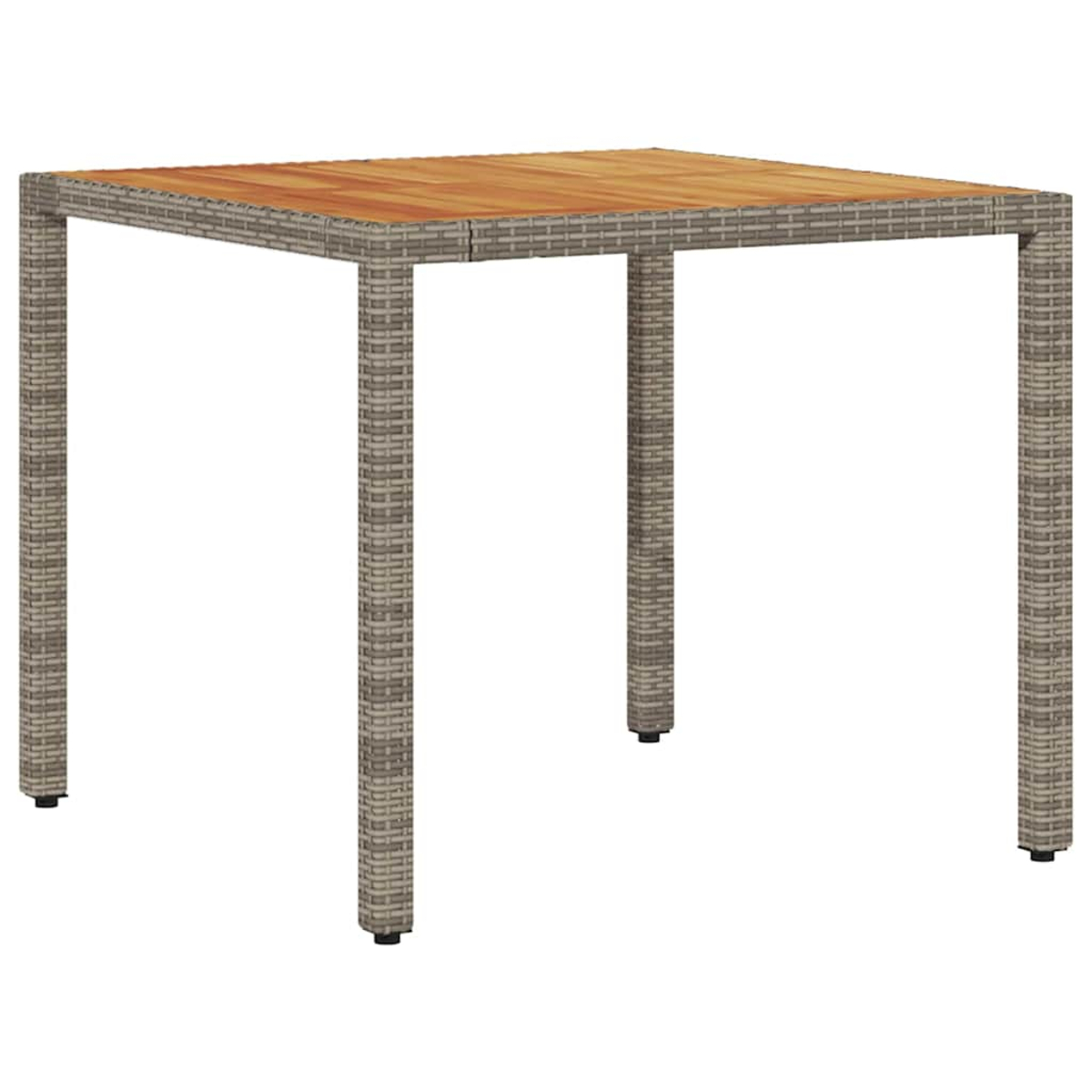Ein quadratischer Gartentisch. Die Tischplatte ist aus Holz, der Rahmen und die Beine aus gewebtem Material. Der Tisch steht auf weißem Grund.