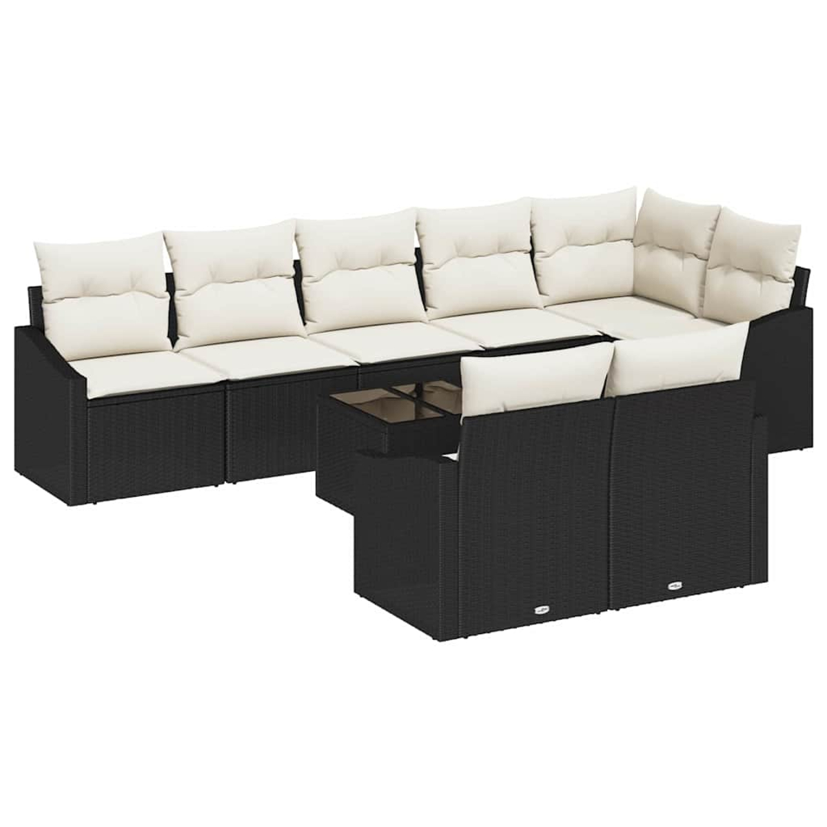 Schwarzes Outdoor-Ecksofa aus Korbgeflecht mit cremefarbenen Kissen. Ein kleiner Tisch mit Glasplatte steht in der Mitte.
