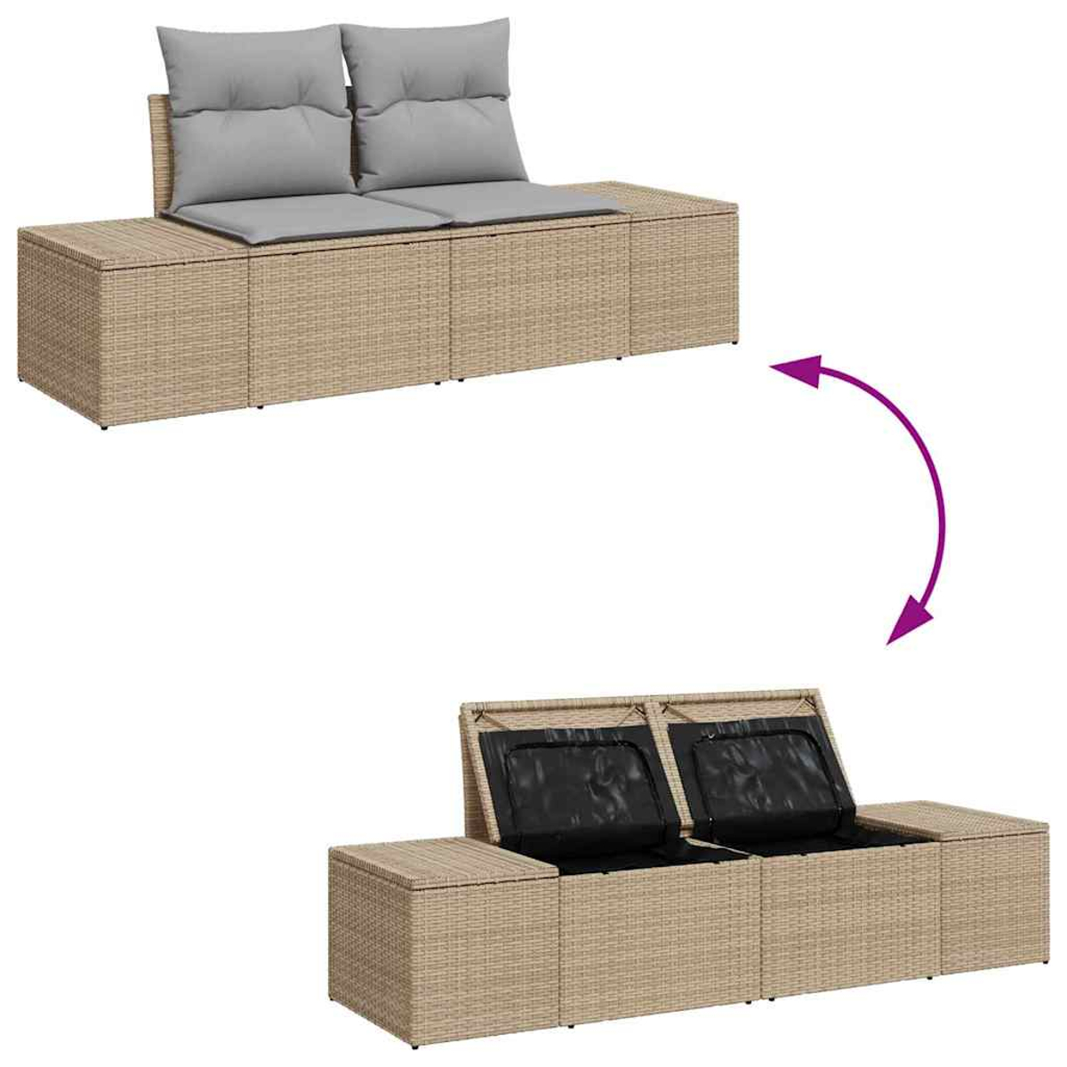 Zweiteiliges Outdoor-Sofa. Oben Kissen und geschlossene Fächer. Unten offene Fächer mit schwarzem Futter.