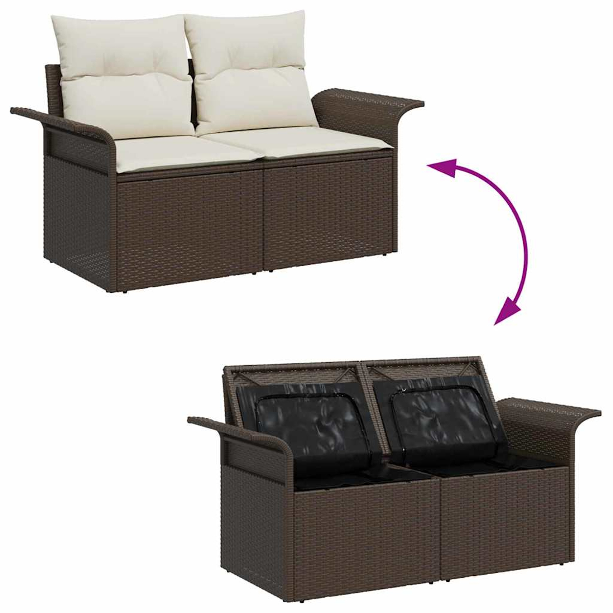 Ein braunes Korbmöbel-Sofa mit cremefarbenen Kissen wird oben gezeigt, und dasselbe Sofa mit schwarzen Kissen unten. Ein lila Pfeil zeigt die Änderung an.