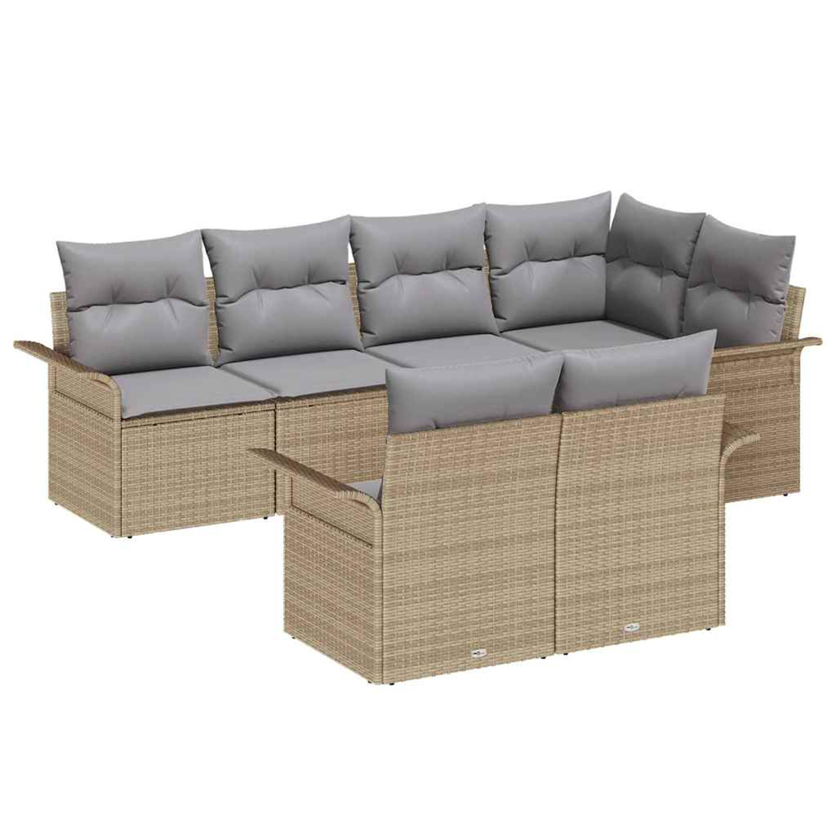 Ein Outdoor-Ecksofa mit gewebten beigen Rahmen und grauen Kissen ist zu sehen. Das Sofa ist U-förmig angeordnet.