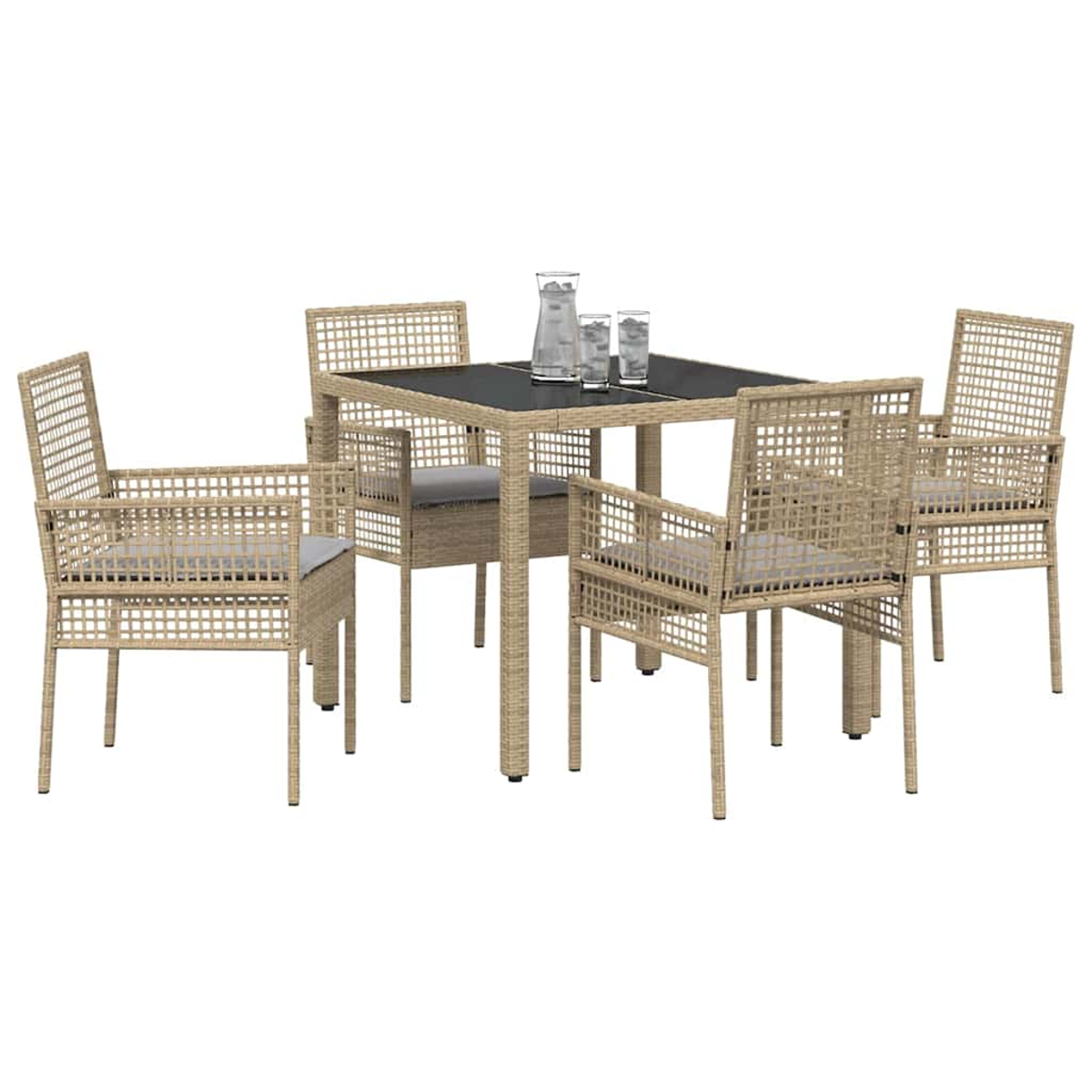 Ein Terrassenset mit Tisch und vier Stühlen. Der Tisch hat eine dunkle Oberfläche, Gläser und eine Kanne stehen darauf.