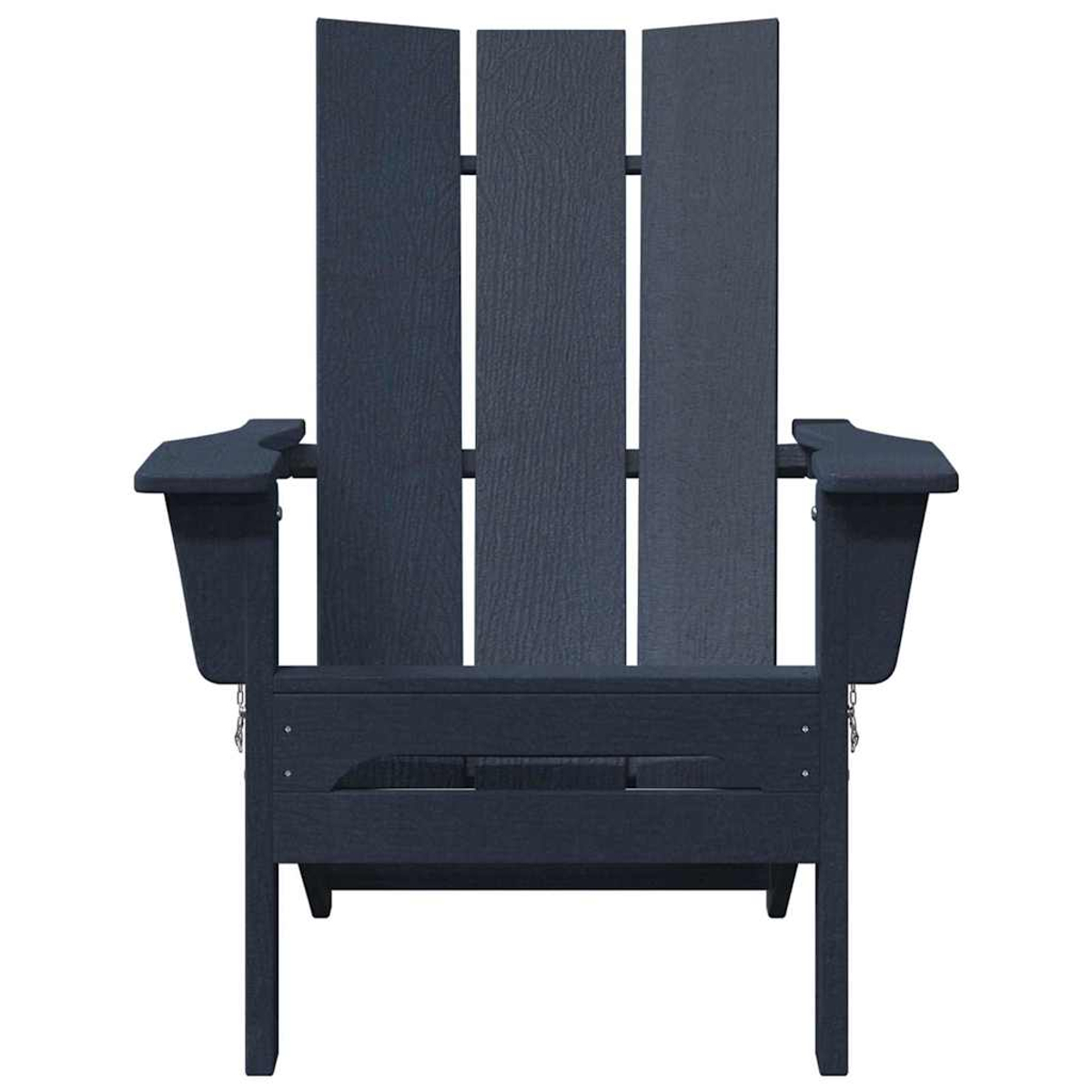 Una silla Adirondack azul oscuro con respaldo alto y reposabrazos. Está hecha de listones verticales con espacios blancos.