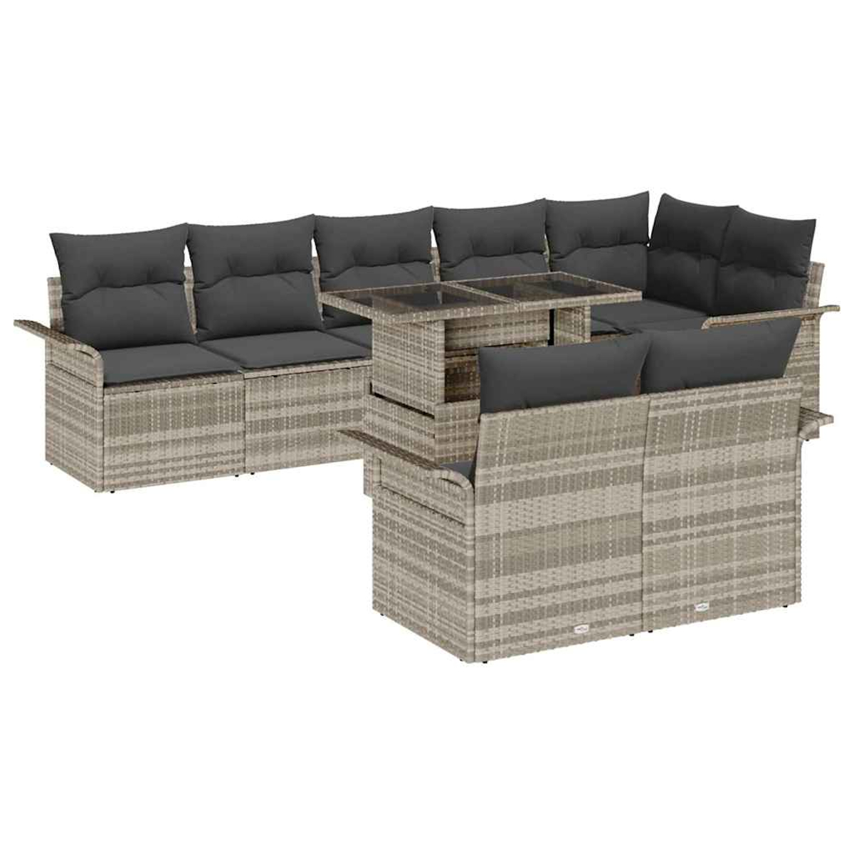 Gartenmöbel-Set aus Korbgeflecht mit grauen Kissen und einem Tisch mit Glasplatte. Das Set umfasst ein Ecksofa und zwei zusätzliche Sitzgelegenheiten.