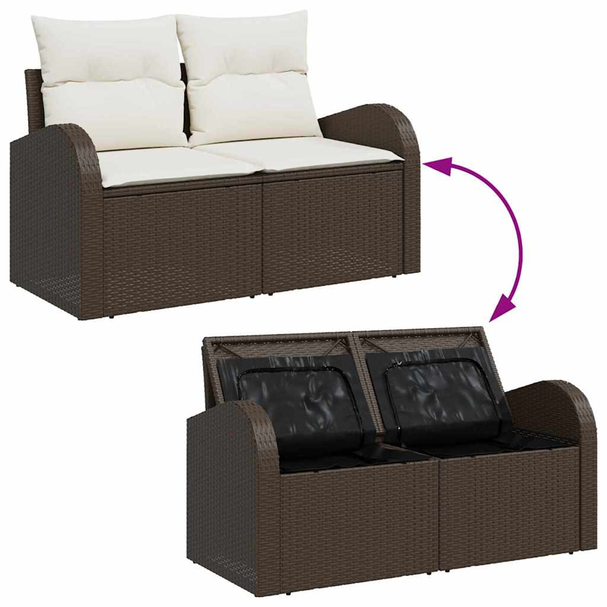 Braunes Korbmöbel mit weißen Kissen. Darunter dasselbe Sofa ohne Kissen, das schwarzen Stauraum freigibt.