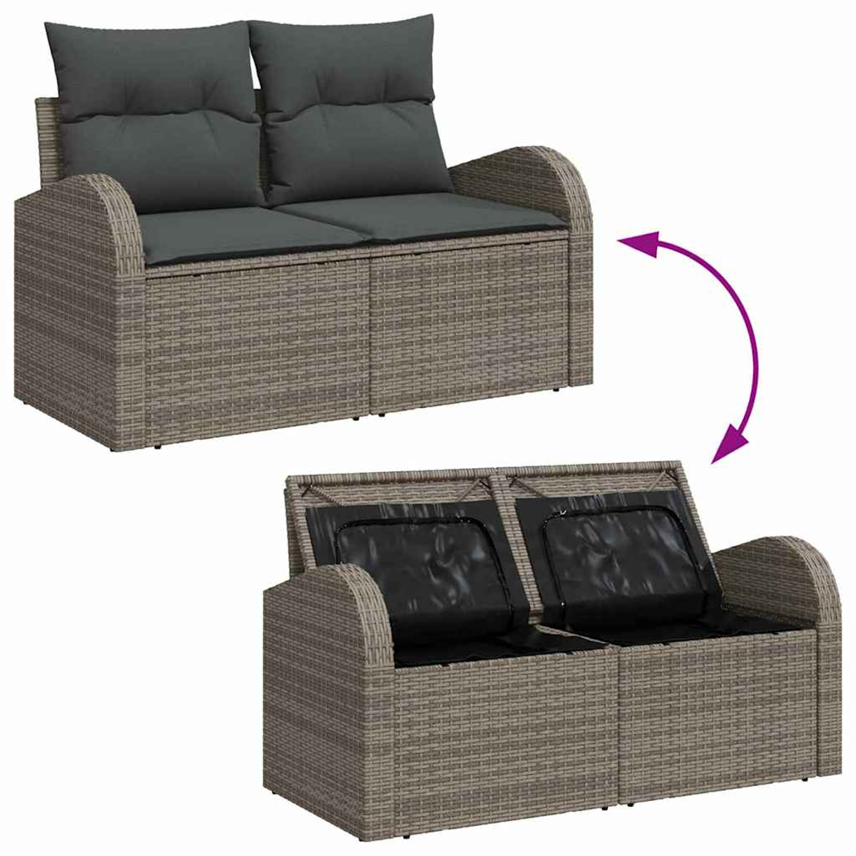Ein graues Rattan-Zweisitzer-Sofa. Oberes Bild zeigt Kissen. Unteres Bild zeigt offenen Stauraum. Pfeil zeigt die Transformation.