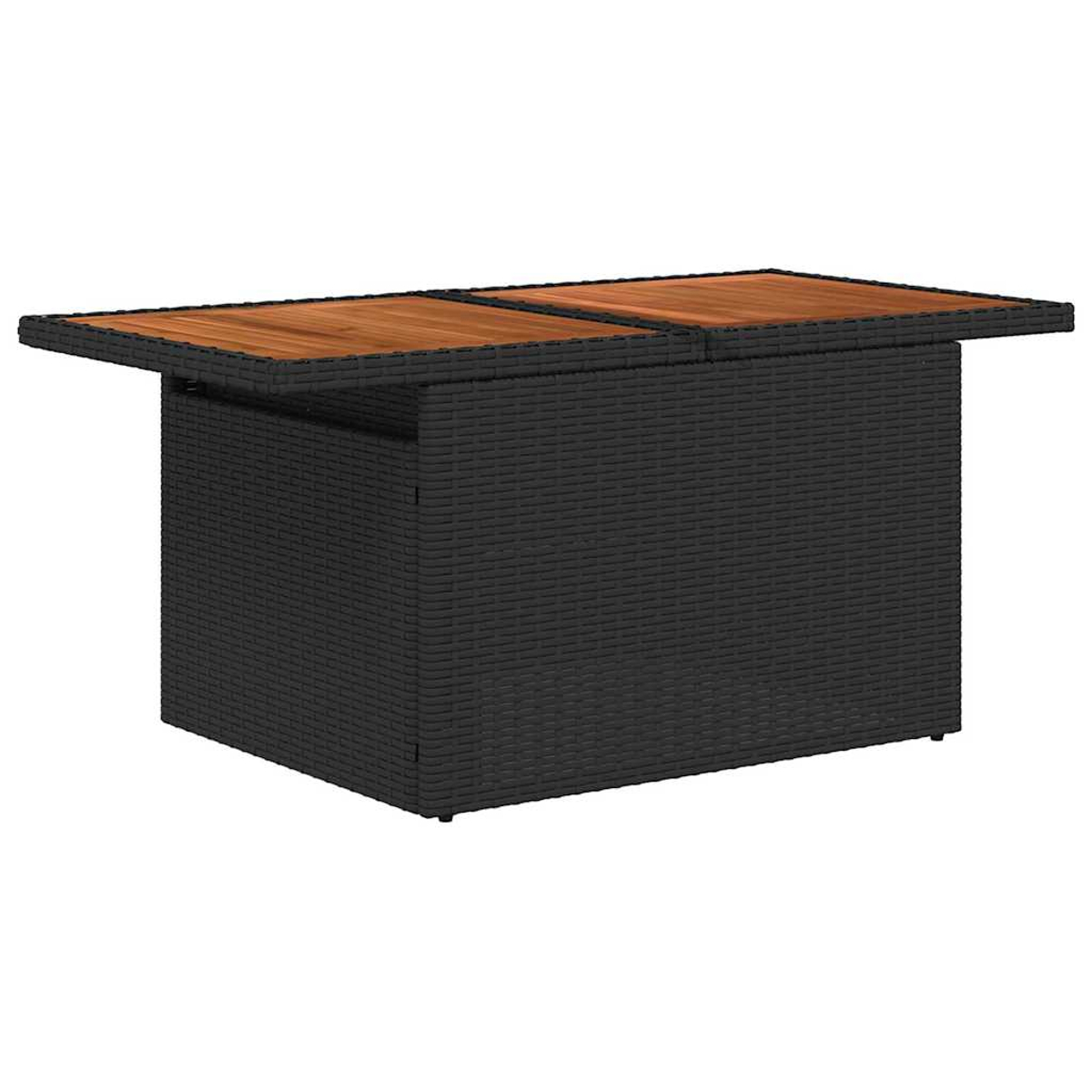 Ein schwarzer Korbtisch mit rechteckiger Form. Die Tischplatte besteht aus zwei Holzpaneelen. Der Hintergrund ist weiß.