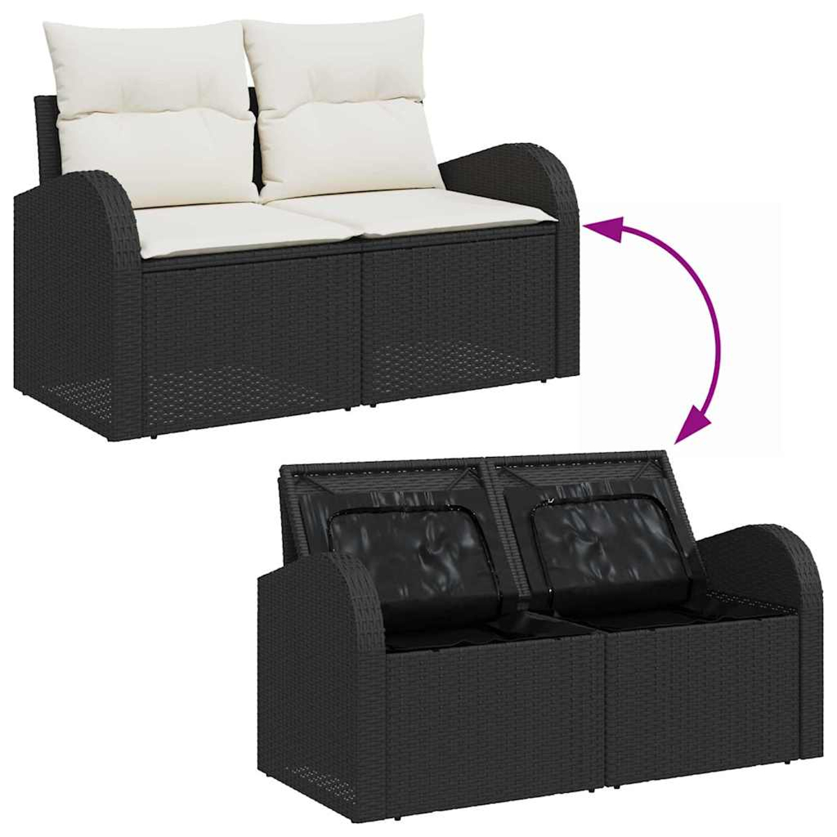 Ein schwarzes Outdoor-Sofa im Rattan-Stil, das die Oberseite und den offenen Stauraum zeigt. Es hat weiße Kissen und schwarze Staufächer.