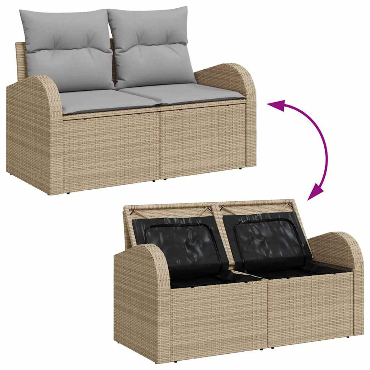 Zweisitzer-Rattansofa. Oben: graue Kissen. Unten: offener Stauraum mit schwarzem Innenfutter. Ein Pfeil zeigt die Öffnung des Sitzes.