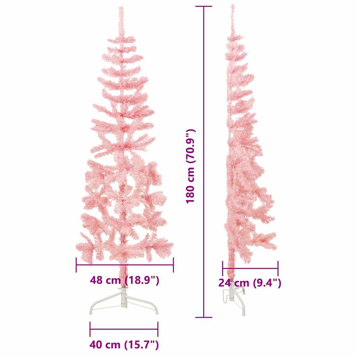 Rosa künstlicher Weihnachtsbaum, mit Größenangaben: 180 cm hoch, 48 cm breit, 24 cm tief und 40 cm Sockel.