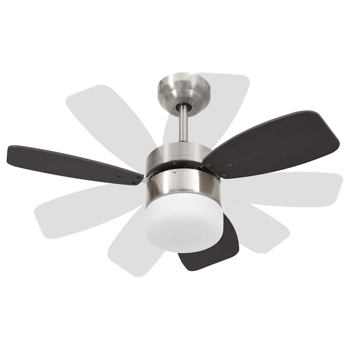 Un ventilatore a soffitto con sei pale, tre marroni scure e tre bianche, con un motore argentato e una lampada bianca.