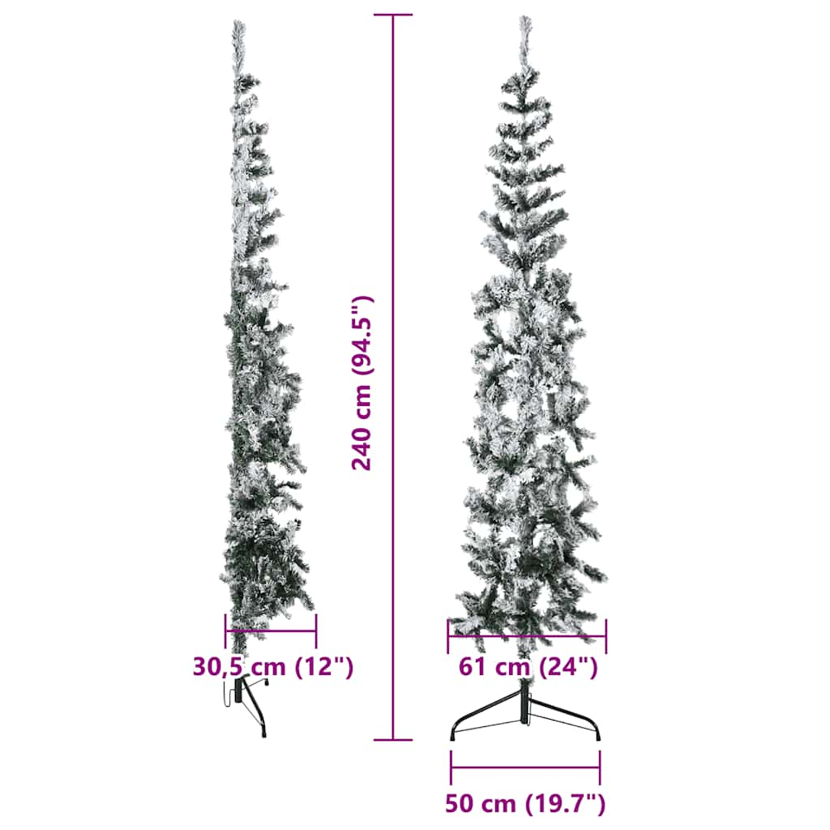 Zwei künstliche Weihnachtsbäume mit Abmessungen. Einer ist 30,5 cm breit, der andere 61 cm. Beide sind mit Kunstschnee bedeckt.
