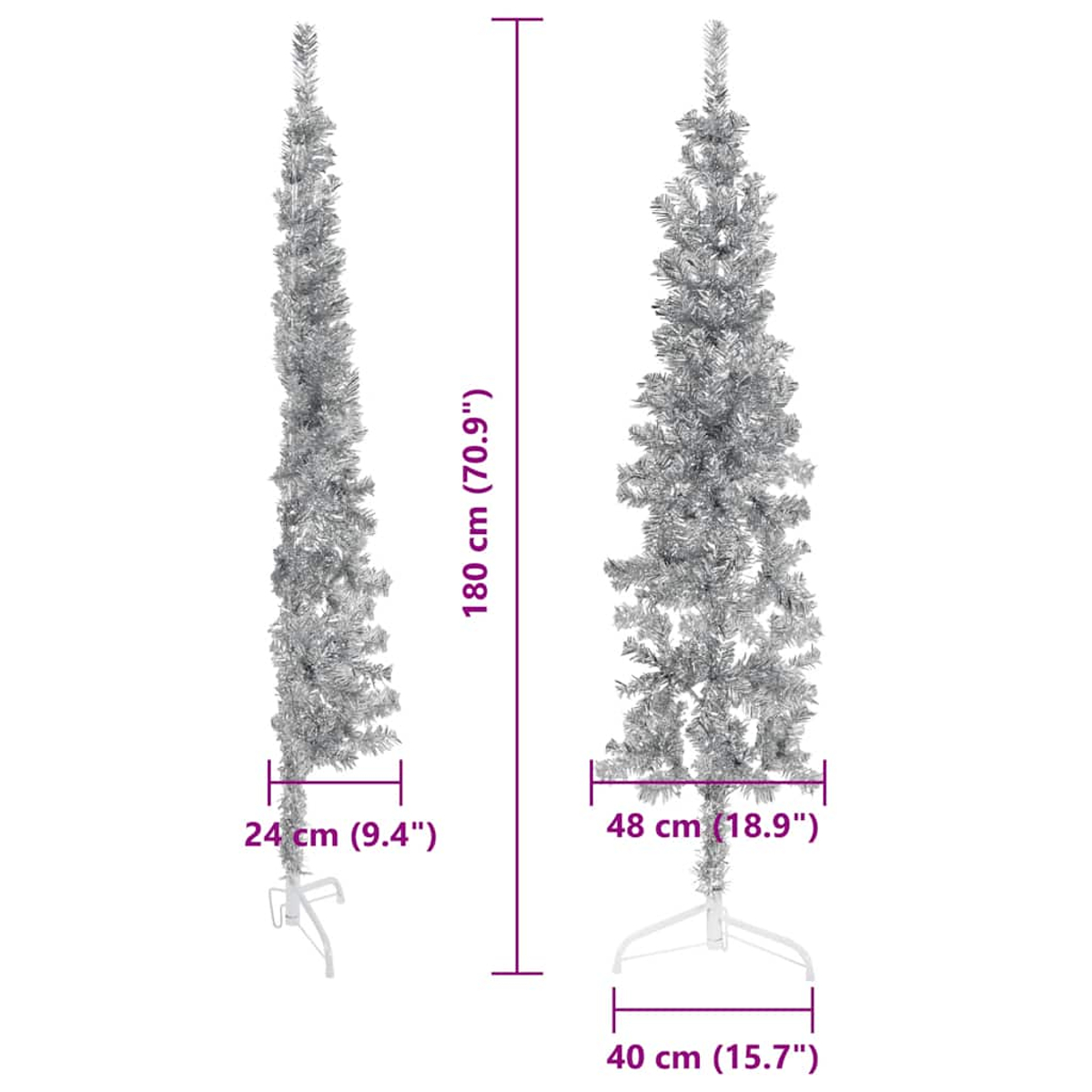 Zwei silberne Weihnachtsbäume mit ihren Maßen. Der größere Baum ist 180 cm hoch.