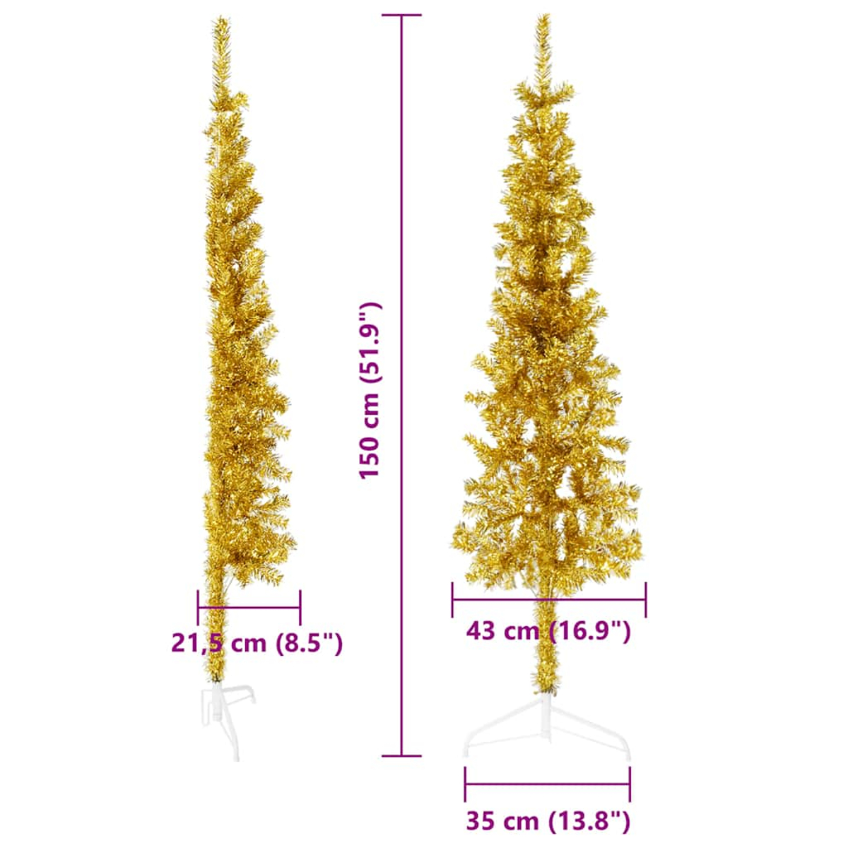 Zwei goldene Weihnachtsbäume mit weißen Ständern. Abmessungen werden angezeigt. Die Bäume sind 150 cm hoch, 43 cm und 21,5 cm breit.