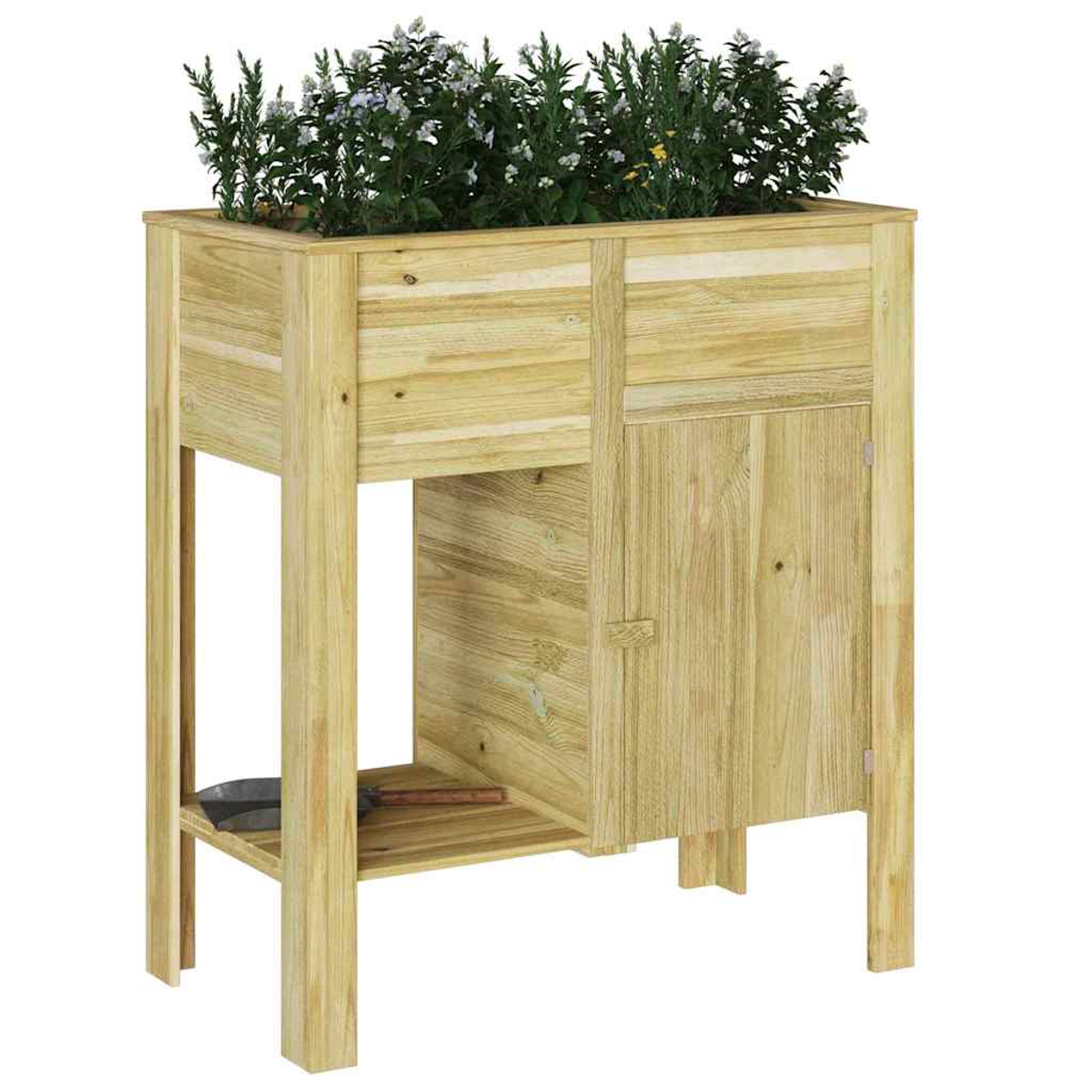 Fioriera in legno con fiori bianchi sopra. Ha un piccolo ripiano con attrezzi. La struttura è su gambe.