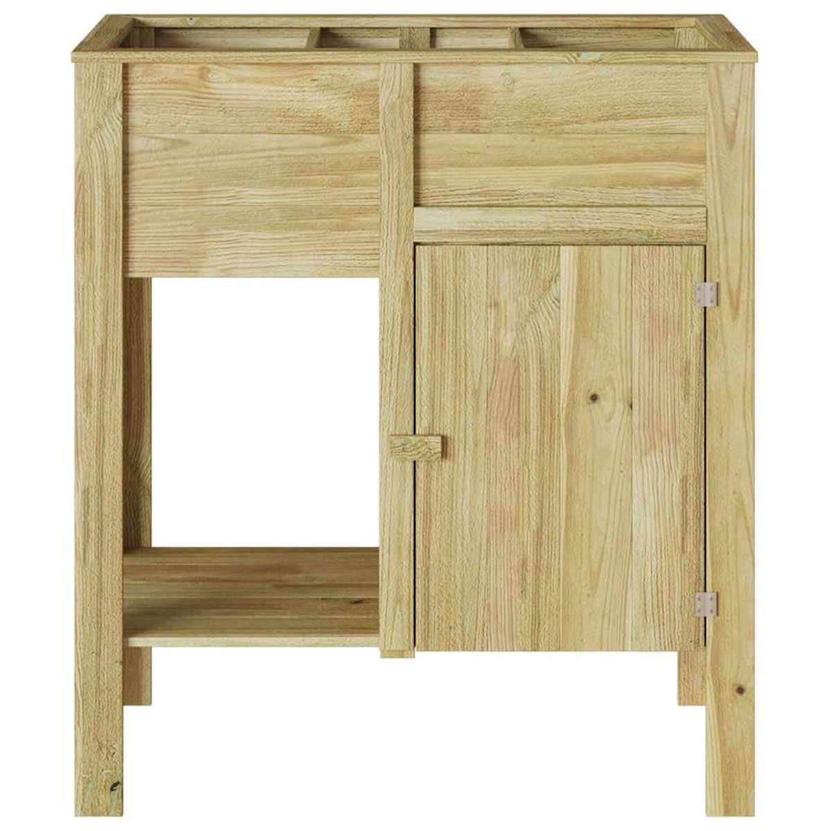Un mobile bagno in legno con una porta a destra, spazio aperto e un ripiano. Legno chiaro.