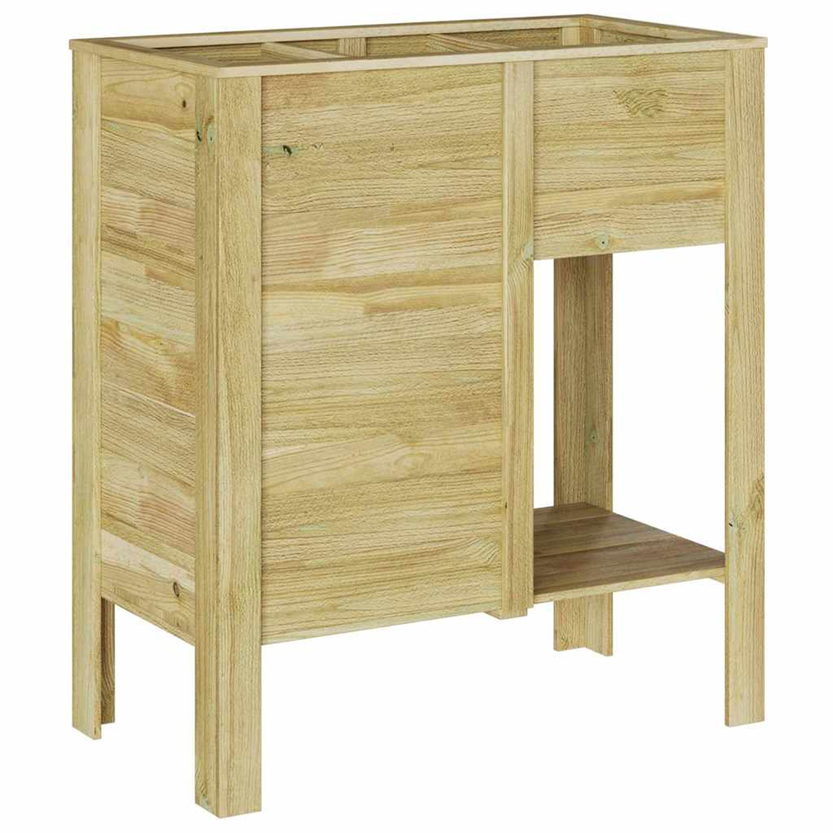 Fioriera in legno con ripiano aperto. Ha una forma rettangolare con un colore marrone chiaro. La venatura del legno è visibile.