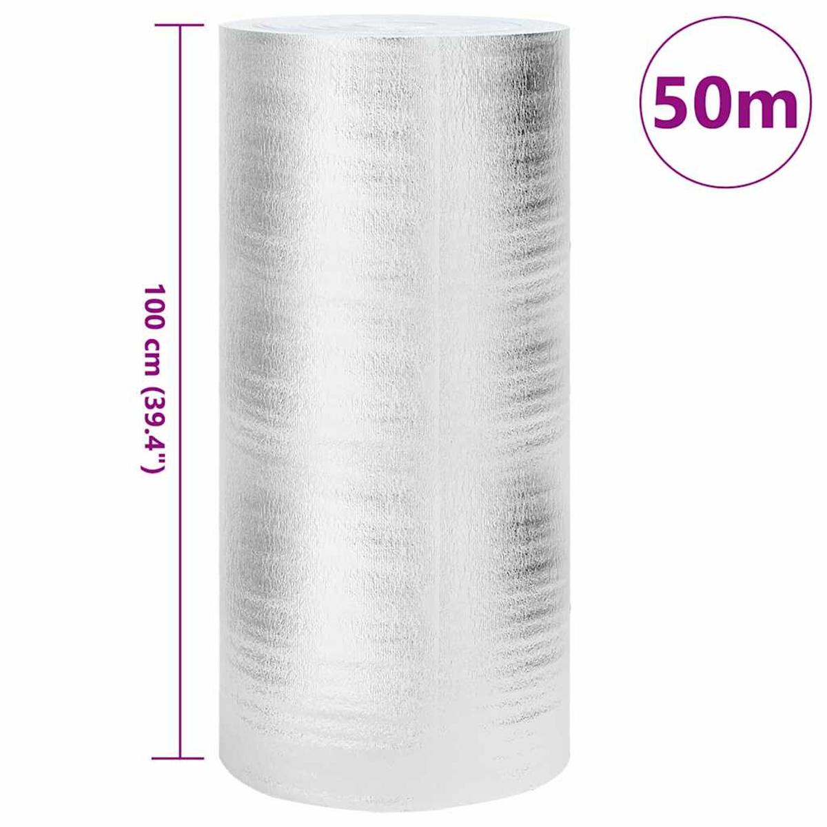 Eine Rolle glänzendes, silbernes Isoliermaterial. Ein 50m-Kreis und die Größe 100cm sind angegeben. Maße sind in rosa Linien angegeben.