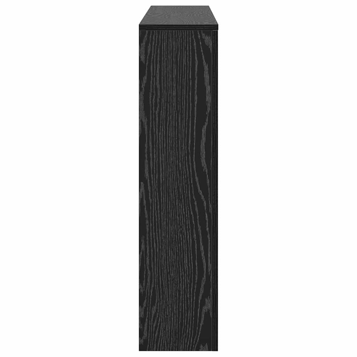 Ein hoher, schwarzer Schrank mit Holzmaserung. Der Schrank ist rechteckig und hat eine flache Oberseite und eine schlichte Seite.