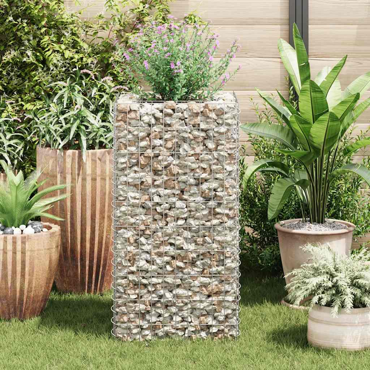Eine Gartenszene mit einem mit Steinen gefüllten Drahtpflanzer. Weitere Pflanzen in Töpfen und Grün im Hintergrund, auf Gras.