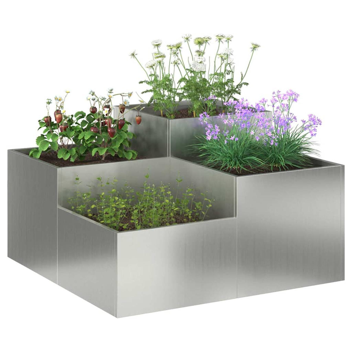 Una fioriera a più livelli in acciaio inossidabile con fragole, fiori bianchi e viola. La fioriera ha tre livelli.