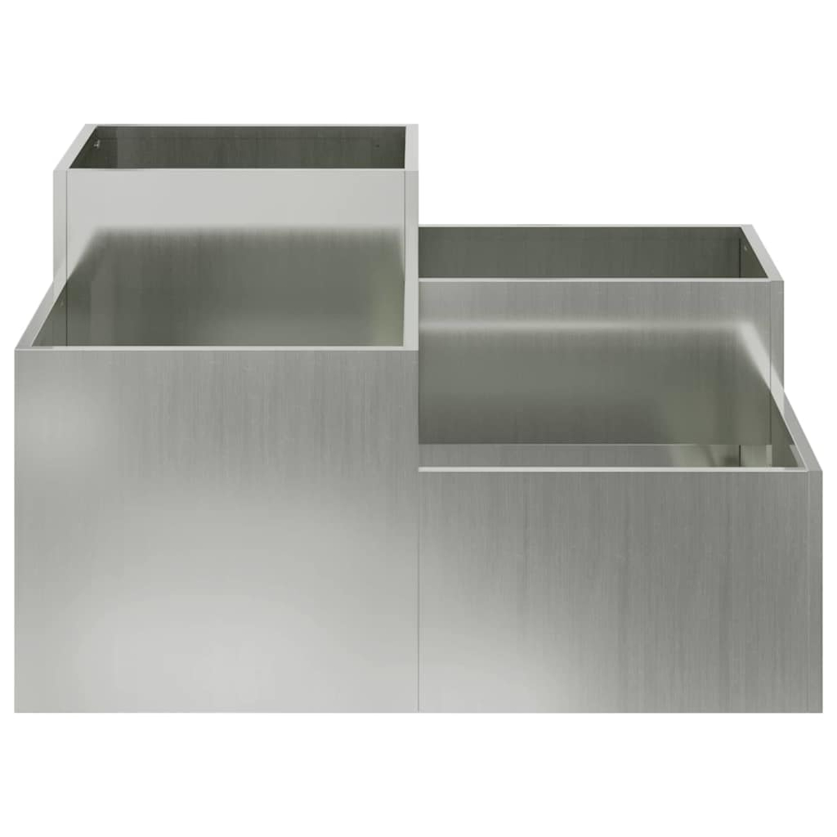 Contenitore in metallo spazzolato a tre livelli, forse per forniture per ufficio. Il contenitore è vuoto e ha un design moderno e minimalista.