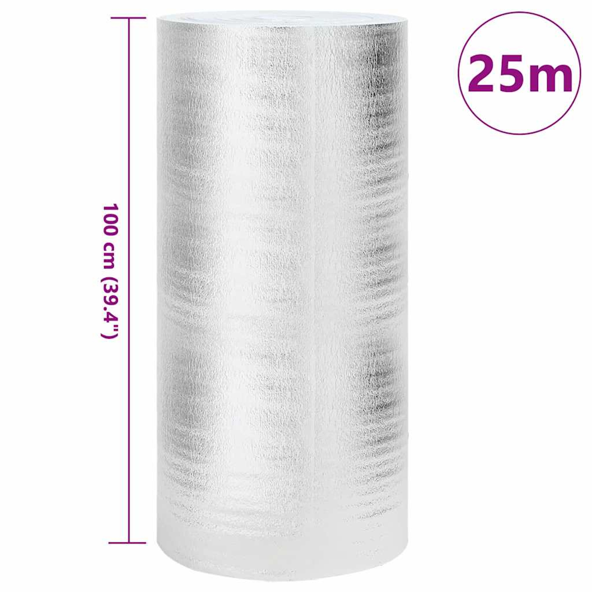 Eine Rolle silbernes Isoliermaterial. Eine lila Linie zeigt 100 cm. Ein Kreis zeigt 25 m. Weißer Hintergrund.