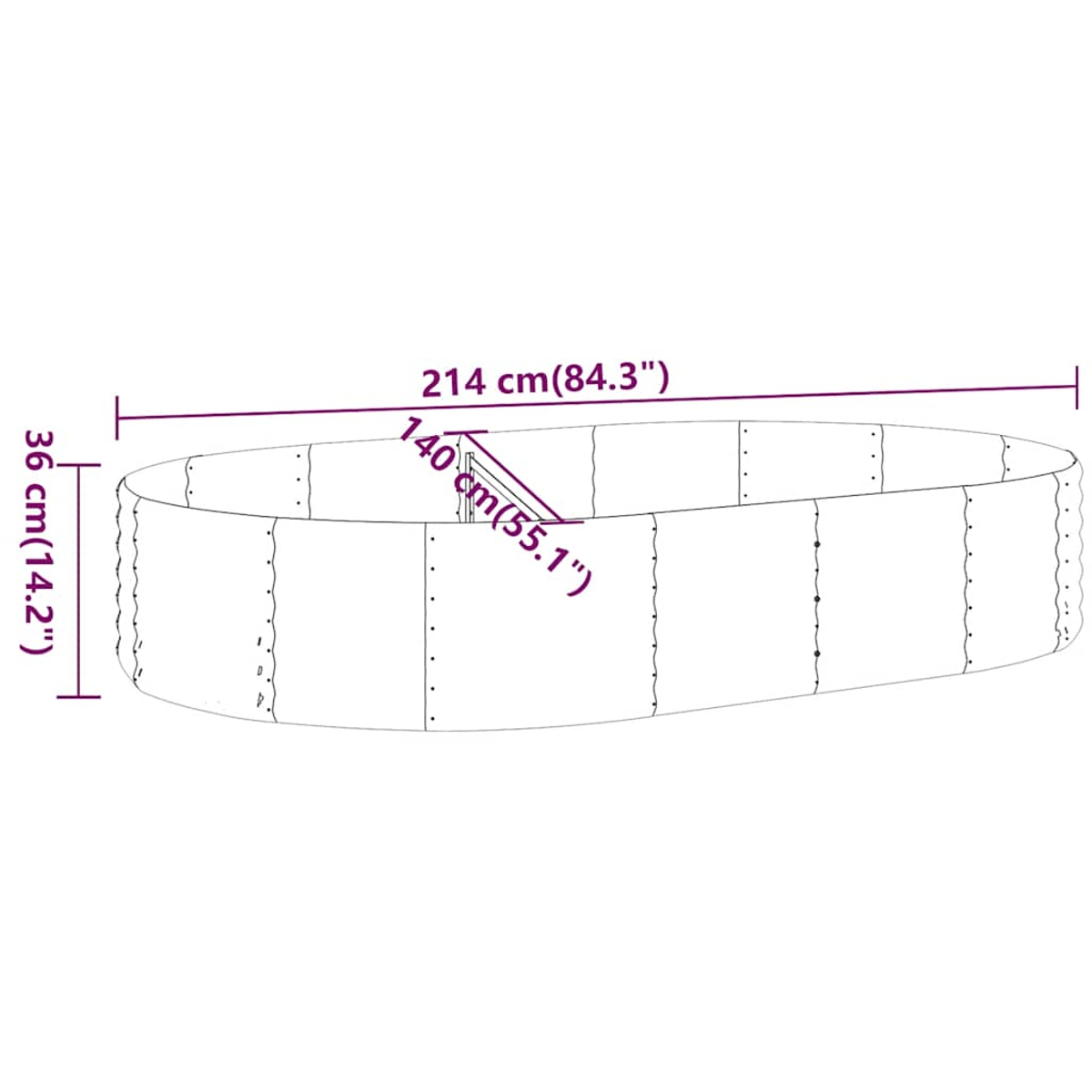 Diagramm eines ovalen Holzpools mit den angegebenen Abmessungen: 214 cm (84,3") lang, 140 cm (55,1") breit, 36 cm (14,2") hoch.