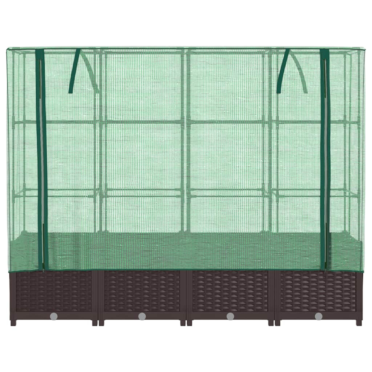 Una serra verde con base marrone. La copertura verde è a rete e la base ha una trama intrecciata.