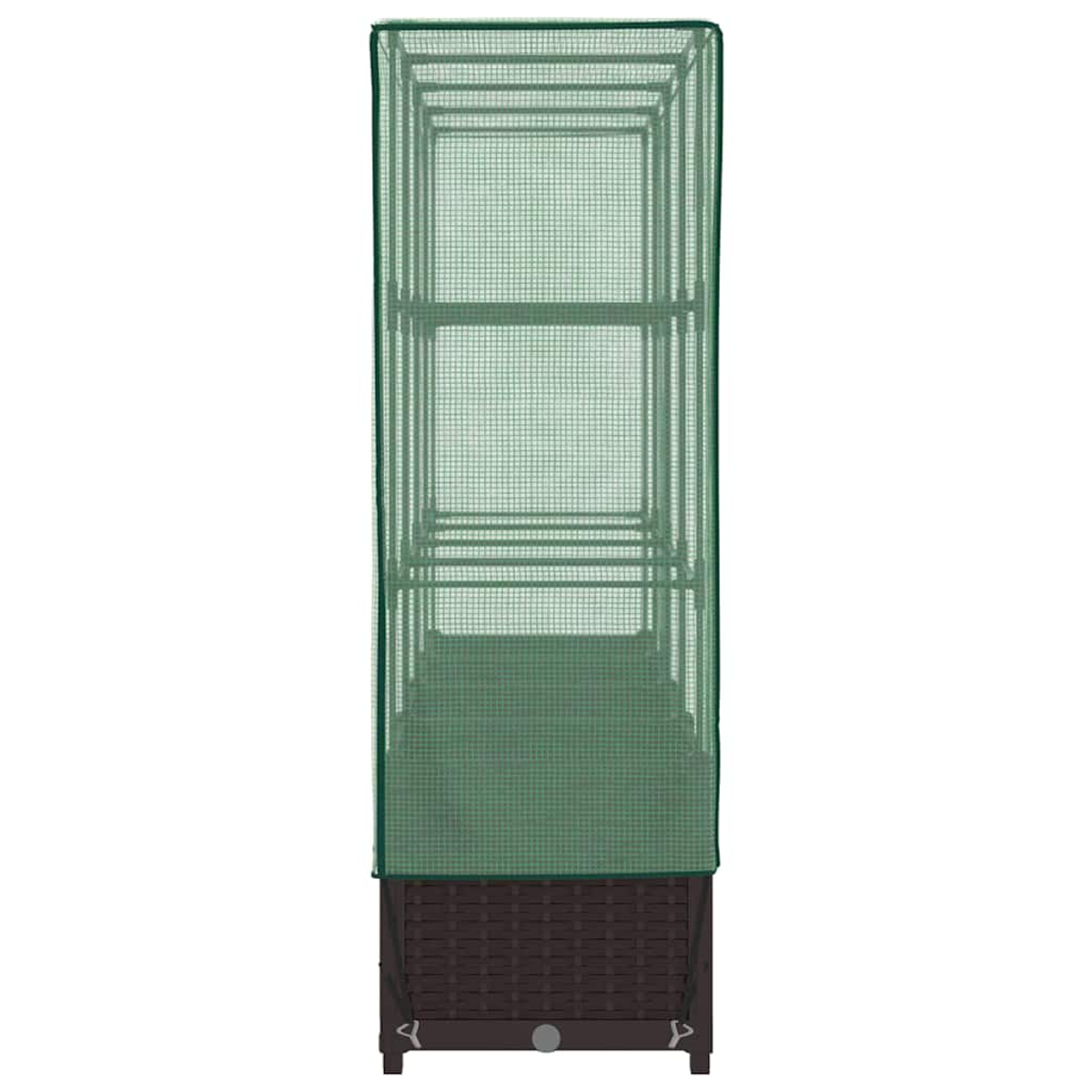 Una copertura per piante a rete verde su base marrone. Ha una forma rettangolare, progettata per la giardinaggio. Lo sfondo è bianco.
