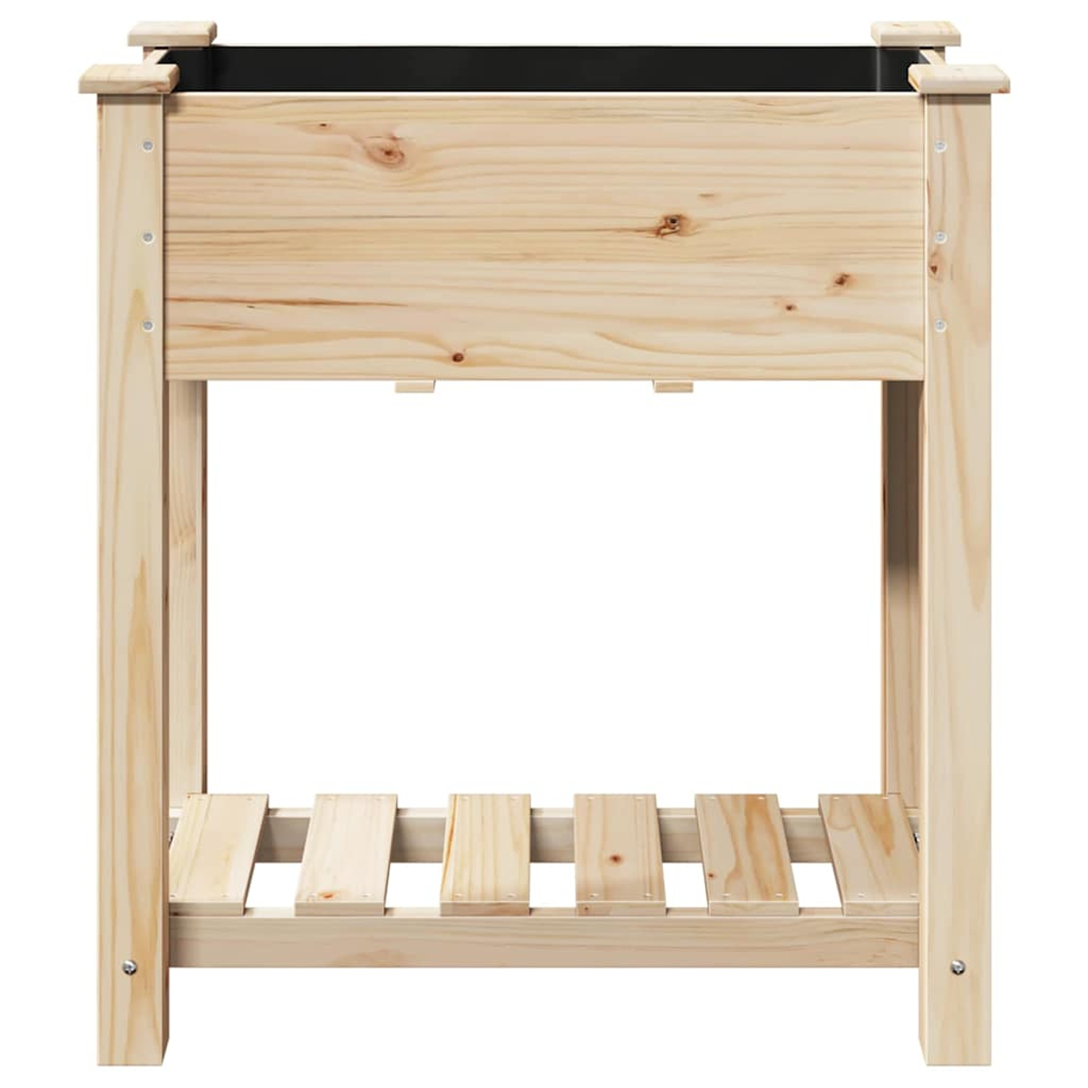 Un'aiuola rialzata in legno con interno nero. Ha un ripiano inferiore. Il legno è di colore chiaro.