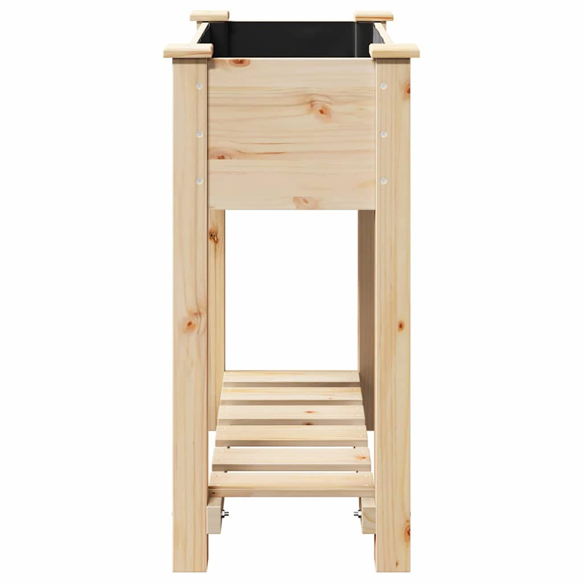 Fioriera in legno con interno nero. Ha un ripiano a doghe ed è posizionata su sfondo bianco.