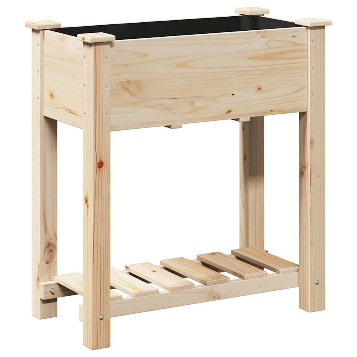 Aiuola rialzata in legno. Ha una forma rettangolare con quattro gambe e un ripiano a doghe. L'interno è nero.