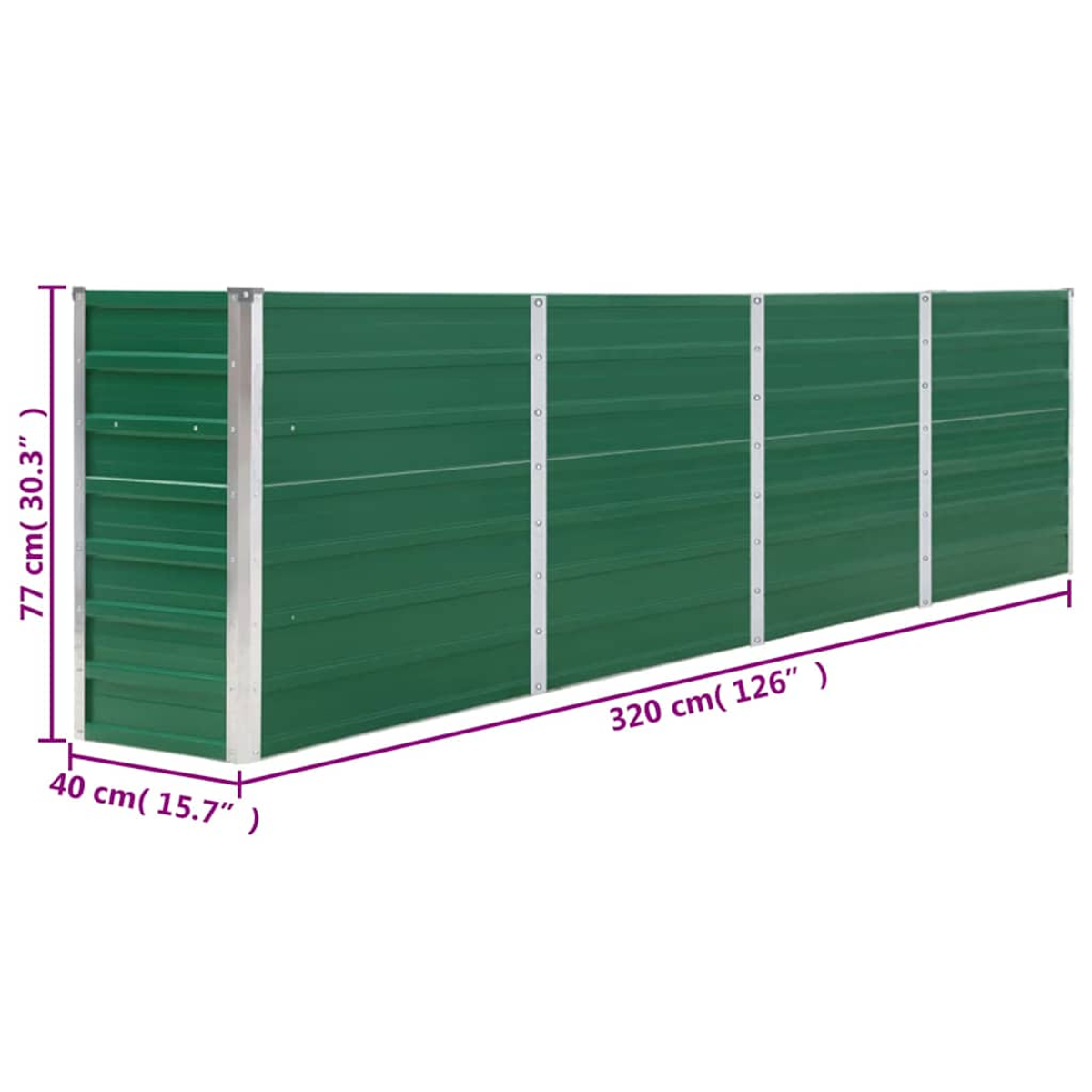 Ein grüner Metallzaun mit angegebenen Abmessungen. Er ist 77 cm hoch und 320 cm lang. Der Hintergrund ist weiß.