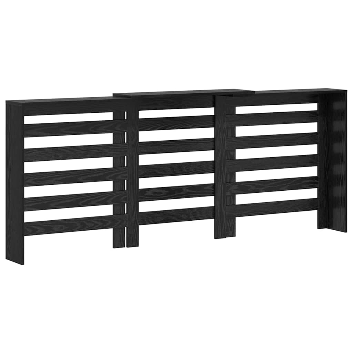 Eine schwarze, holzartige Struktur mit horizontalen Lamellen. Das Design weist vertikale Stützen auf und befindet sich vor weißem Hintergrund.
