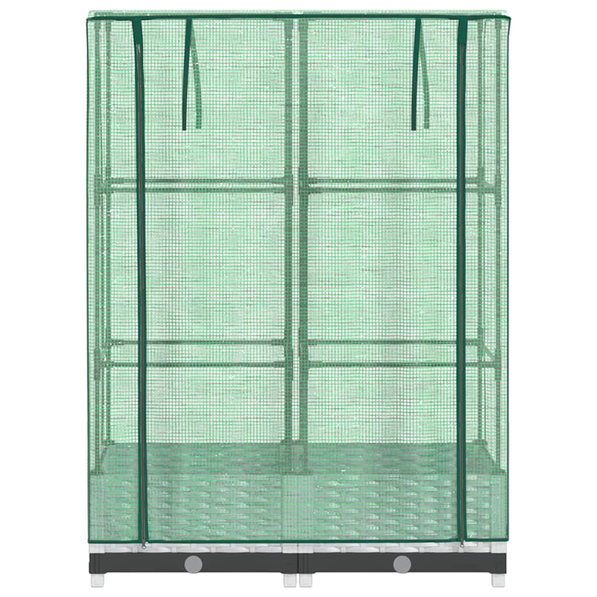 Una serra verde con copertura a rete. Ha una forma rettangolare e un telaio scuro. La base è scura con due bottoni circolari.