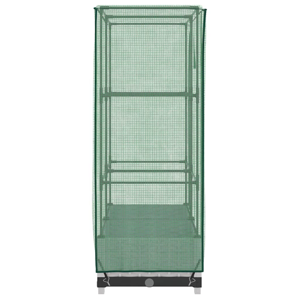 Una serra portatile verde con copertura a rete. Ha ripiani all'interno. La base è nera con piedini bianchi.