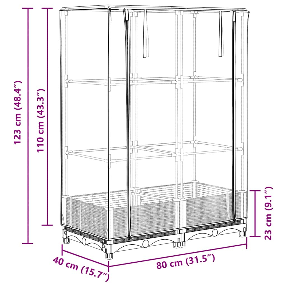 Un armadio di stoccaggio rettangolare e trasparente. Ha dimensioni, con misure: 123 cm di altezza, 110 cm di altezza, 80 cm di larghezza, 40 cm di profondità e 23 cm di altezza.