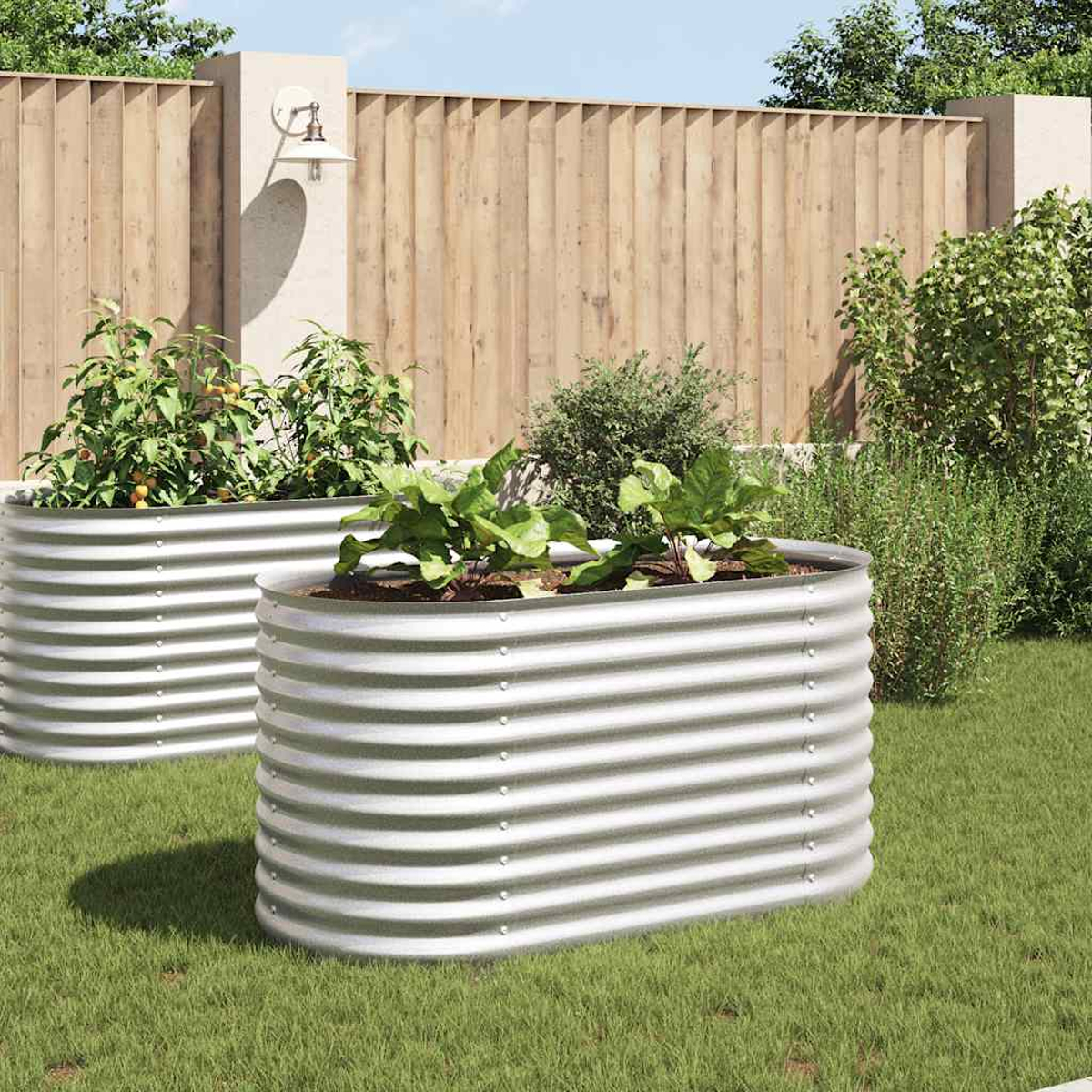 Zwei erhöhte Gartenbeete aus gewelltem Metall mit Pflanzen auf grünem Gras. Im Hintergrund ein Holzzaun und Pflanzen.