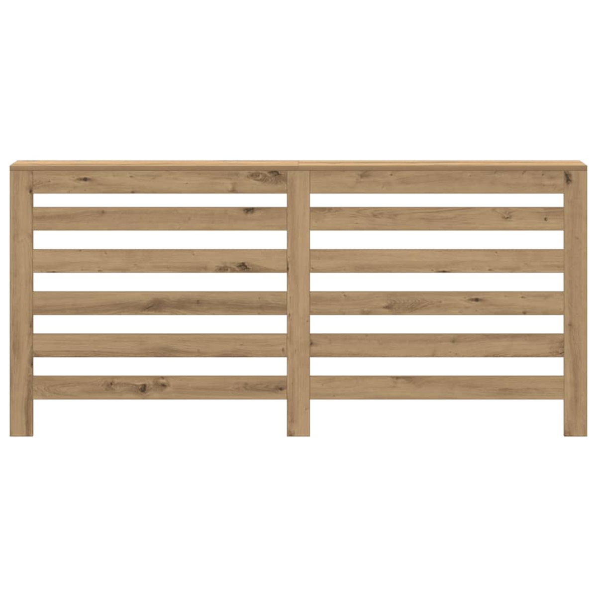 Ein Holztor mit horizontalen Lamellen. Es hat eine rechteckige Oberseite und vertikale Stützen. Das Holz hat eine hellbraune Farbe.