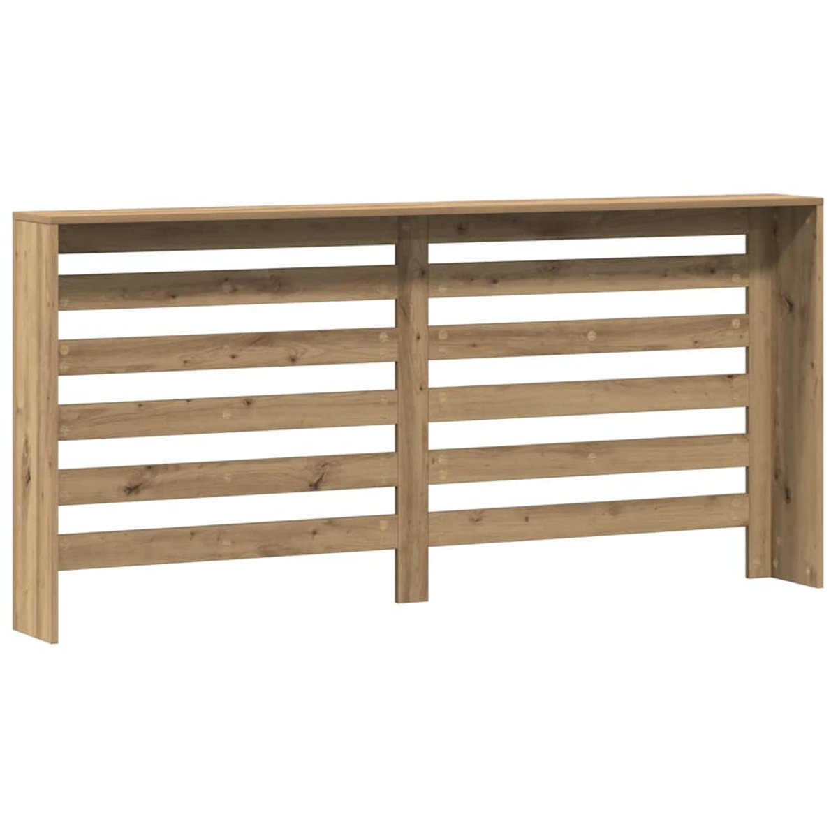 Ein Konsolentisch aus Holz mit horizontalen Lamellen und Seitenteilen. Der Tisch ist hellbraun und steht vor weißem Hintergrund.