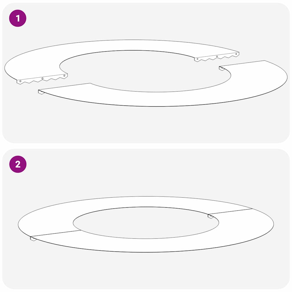 Il diagramma mostra un oggetto circolare in due fasi. In alto, due pezzi separati. In basso, i pezzi uniti per formare un anello completo.