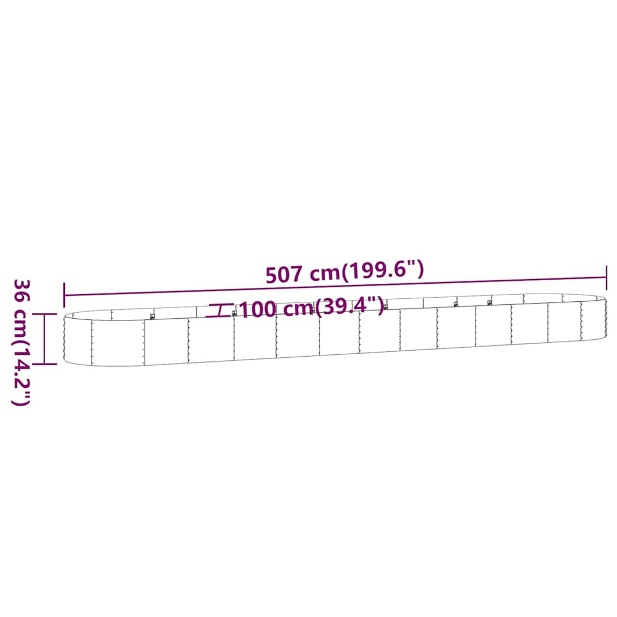 Ein langes, rechteckiges, segmentiertes Objekt mit den angegebenen Abmessungen: 507 cm (199,6"), 100 cm (39,4") und 36 cm (14,2").