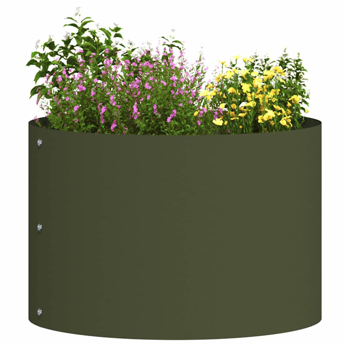 Ein zylindrischer grüner Pflanzkübel mit rosa, gelben und weißen Blumen. Der Pflanzkübel besteht aus Metall und hat sichtbare Schrauben.