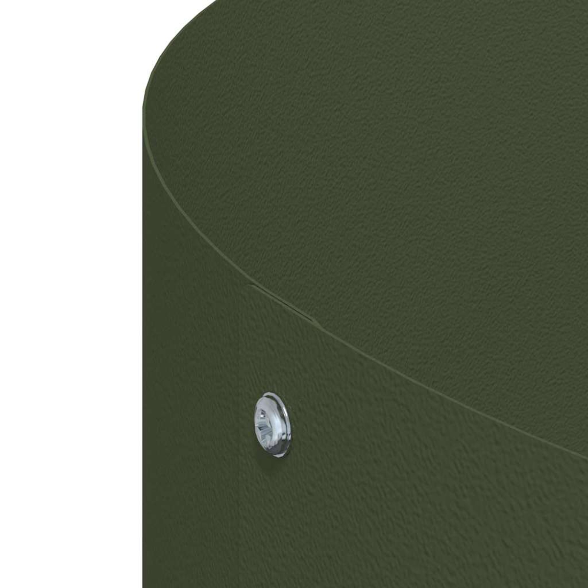 Primo piano di una superficie verde oliva arrotondata e strutturata. Sul lato destro è visibile un piccolo elemento di fissaggio rotondo e lucido.