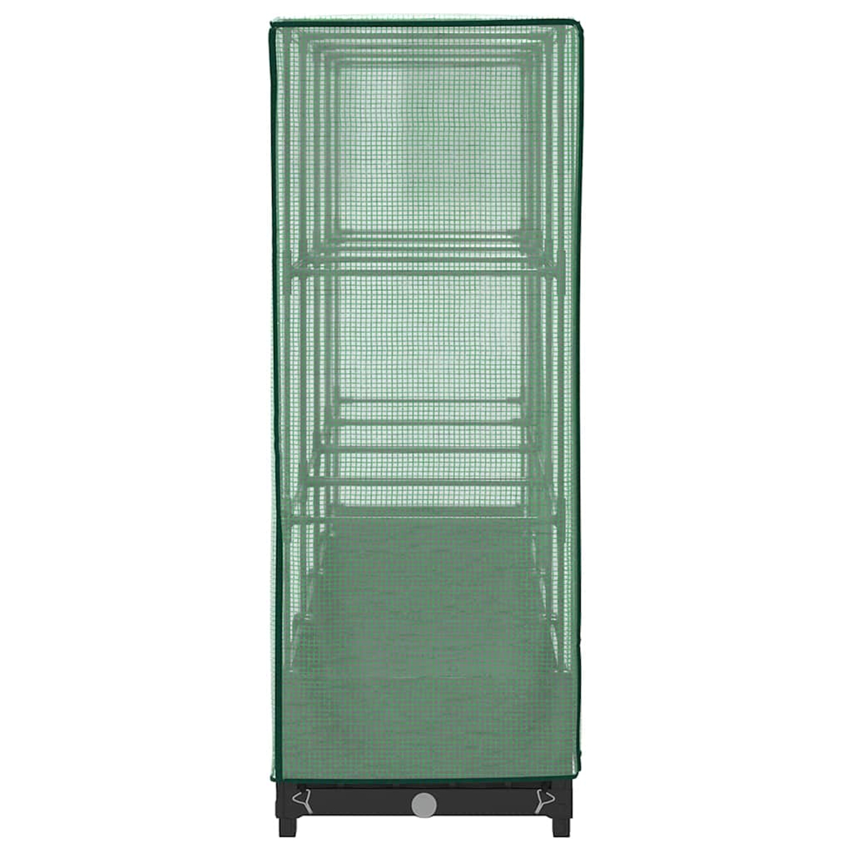 Una serra verde e rettangolare con una copertura a rete. Ha diversi ripiani all'interno. La base è nera con piccoli piedi.