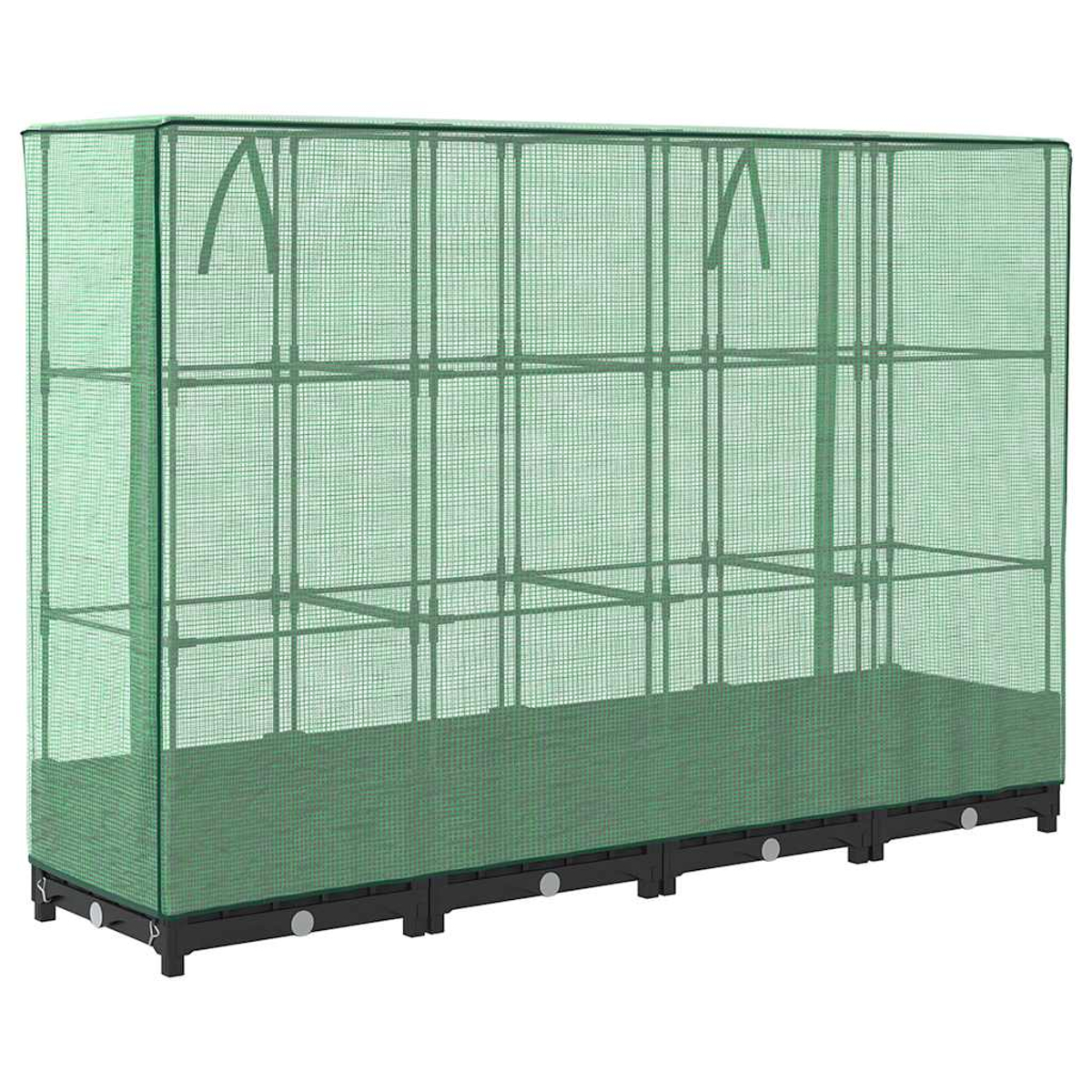 Una serra verde rettangolare con copertura a rete. Ha una base nera e scaffalature interne. La struttura è su sfondo bianco.