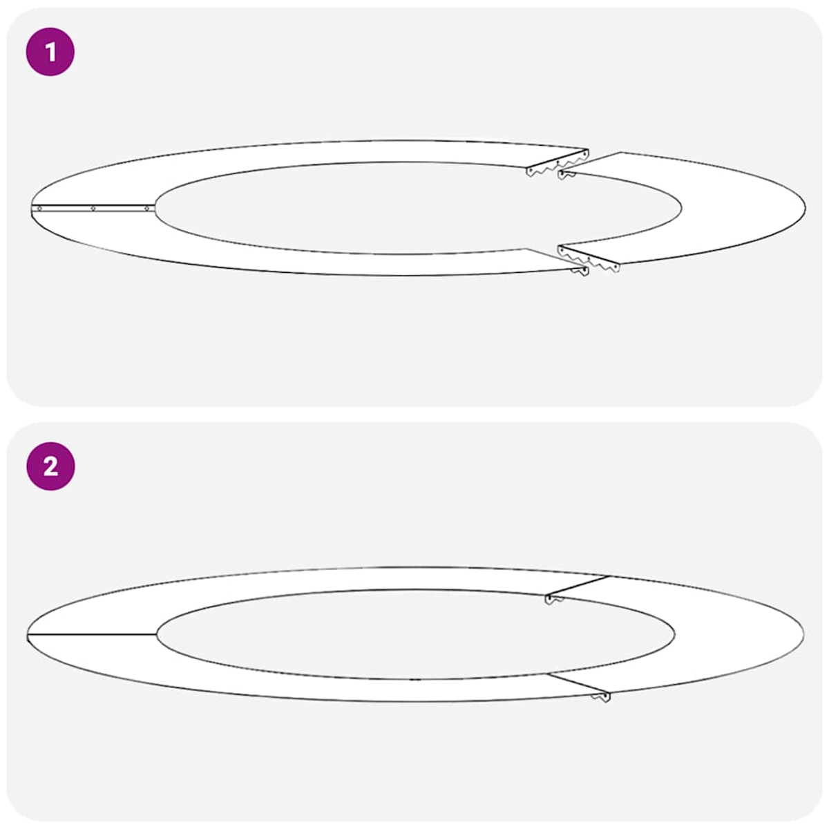 Il diagramma mostra due pezzi circolari. Il primo è diviso, il secondo è intero. Entrambi hanno parti di collegamento.