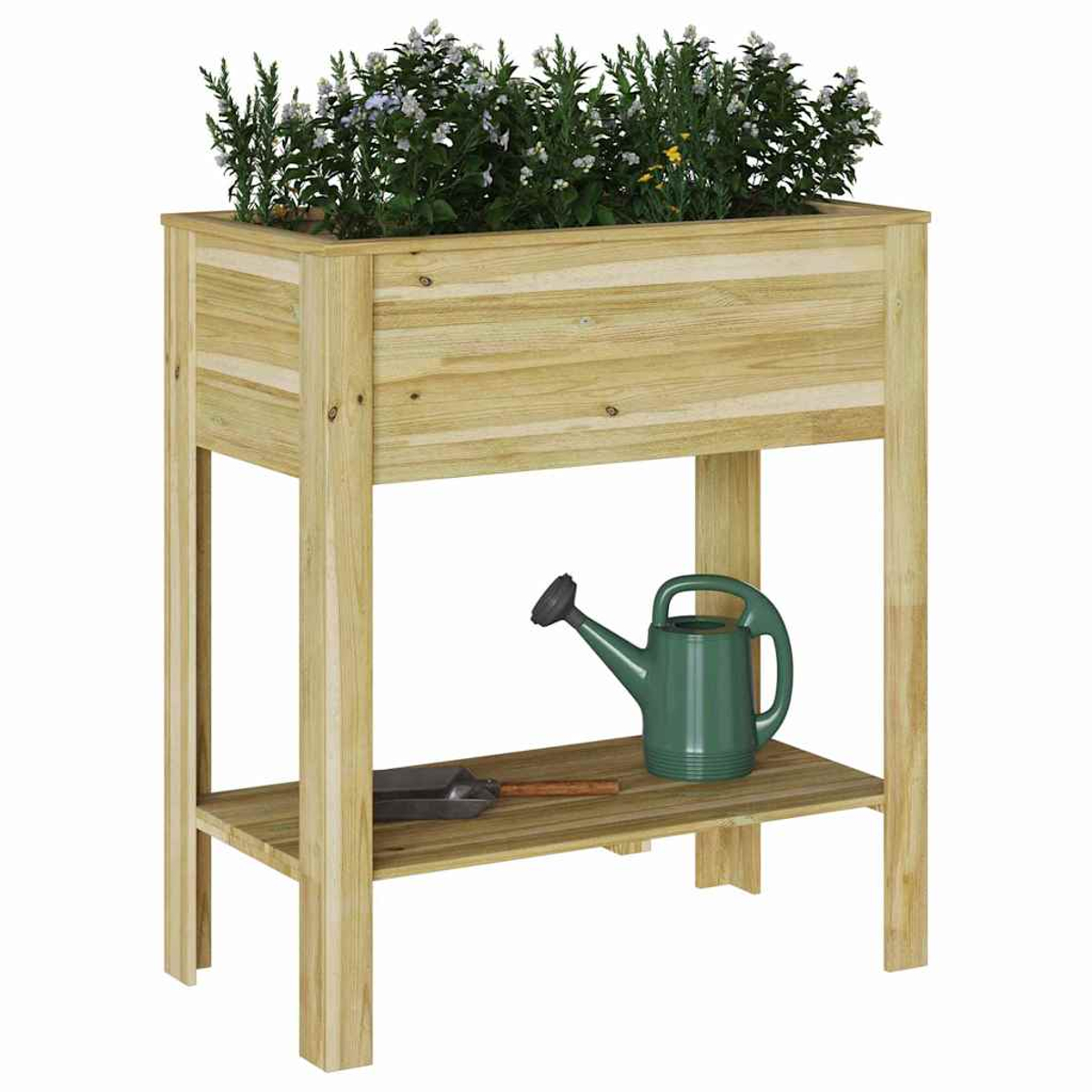 Fioriera in legno con fiori sul ripiano superiore. Un annaffiatoio e una cazzuola sul ripiano inferiore. Legno chiaro.